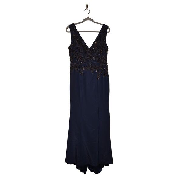 MIKAEL AGHAL‎ $799 Adorned Sleeveless V-Neck High Low Gown Navy Size 10 - Picture 1 of 4